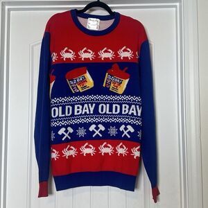Route One “Old Bay” Crawfish Ugly Sweater Adult Sz Large Cajun Christmas Red Blu